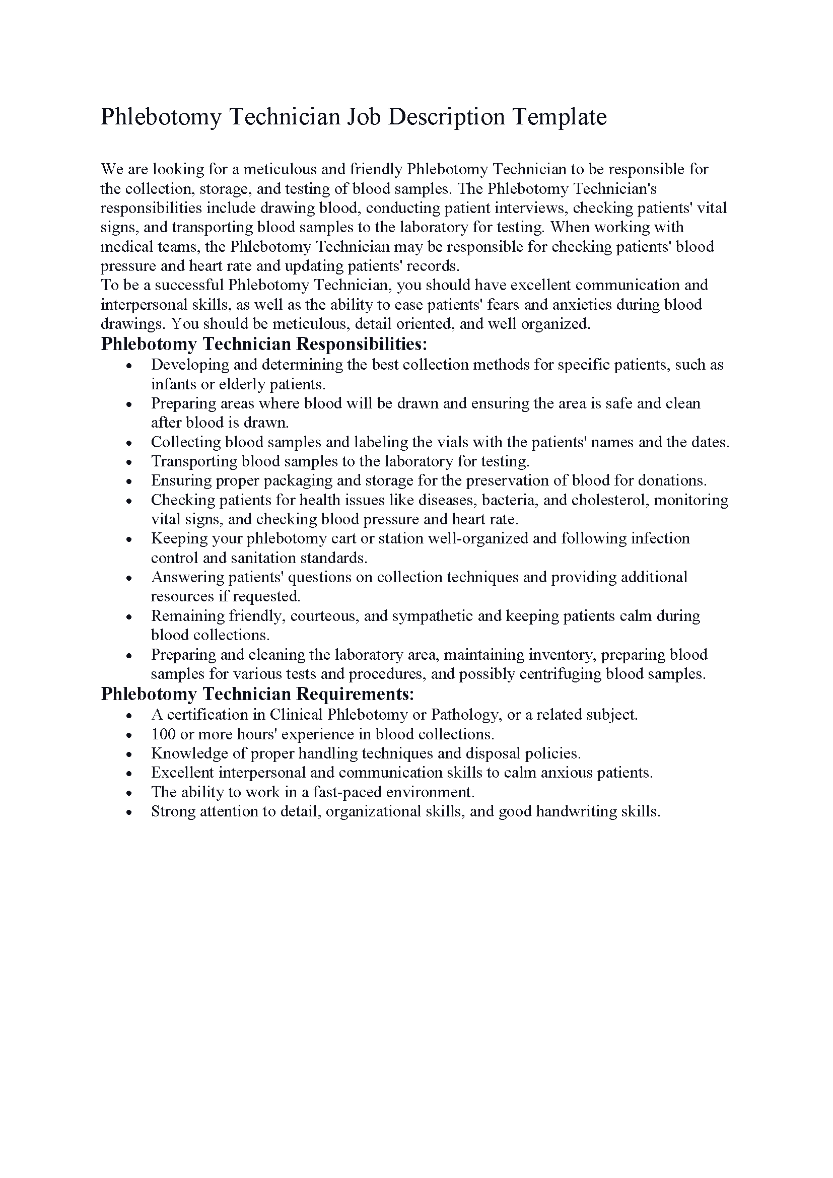 Phlebotomy Technician Job Description Template